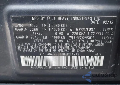 2012 Subaru Outback 2.5I Premium z USA, uszkodzony, nr VIN 4S4BRCCC0C3264212